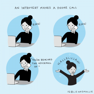 An illustration of an introvert making a phone call.