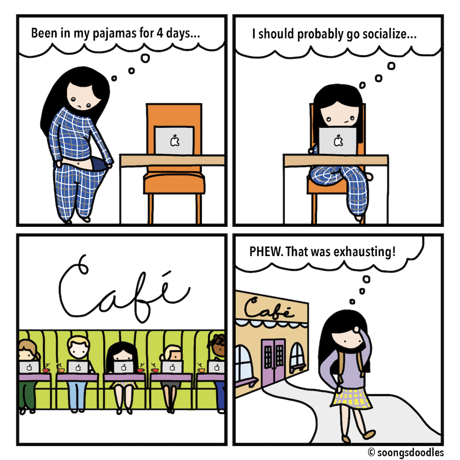 a cartoon of an introvert being exhausted after "socializing" at a cafe