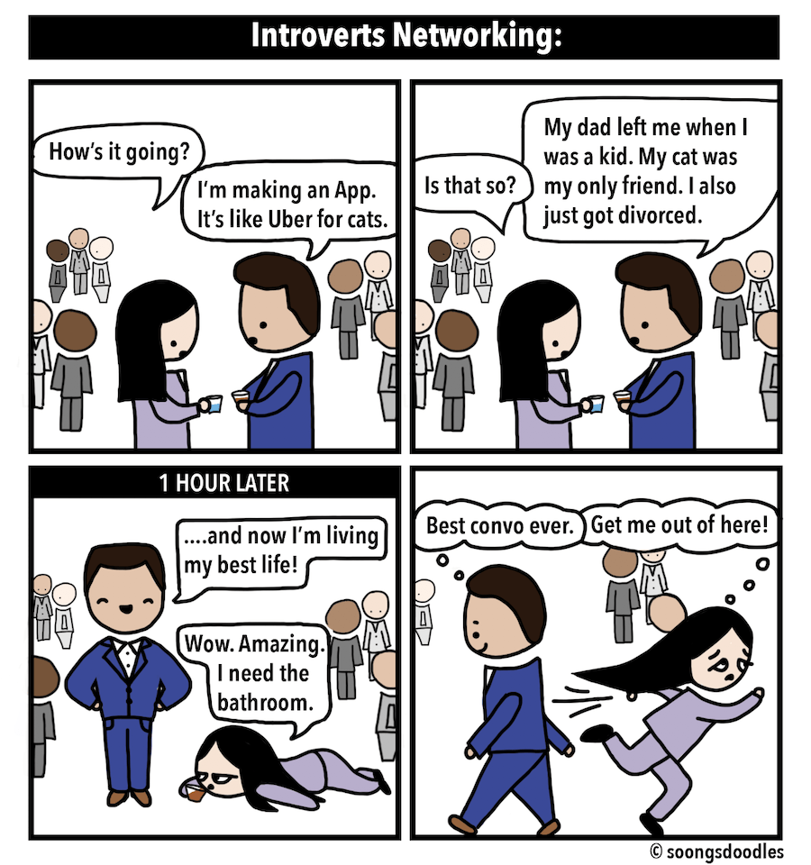 a cartoon of an introvert networking