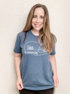 Jenn Granneman wearing a shirt from the Introvert, Dear Store