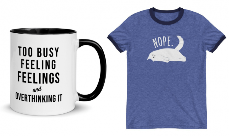 a coffee mug and shirt represent things introverts want asap