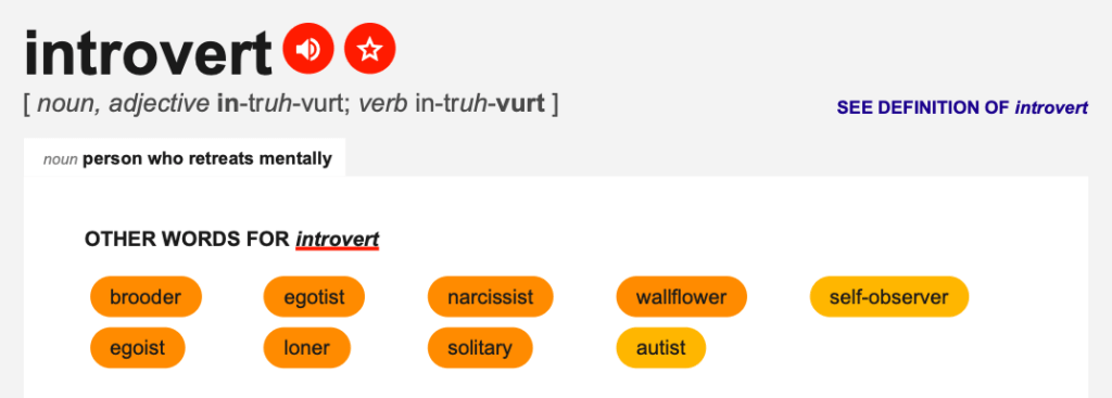 a screenshot shows harmful synonyms for the definition of introversion