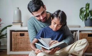 A father reads a book with his introverted child